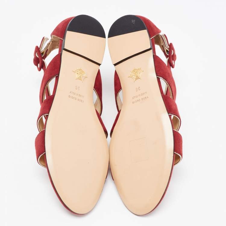 Pre Owned Charlotte Olympia Garnet Red Suede One More Kiss Flat Gladiator Flat Sandals Size 36