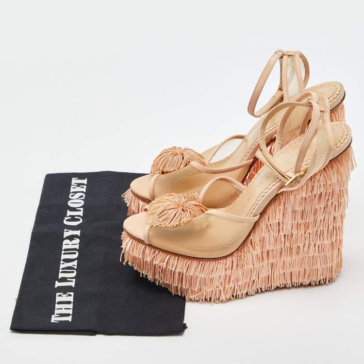 Pre Owned Charlotte Olympia Peach Pink Mesh and Satin Gigi Wedge Sandals Size 38.5