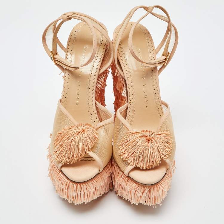Pre Owned Charlotte Olympia Peach Pink Mesh and Satin Gigi Wedge Sandals Size 38.5