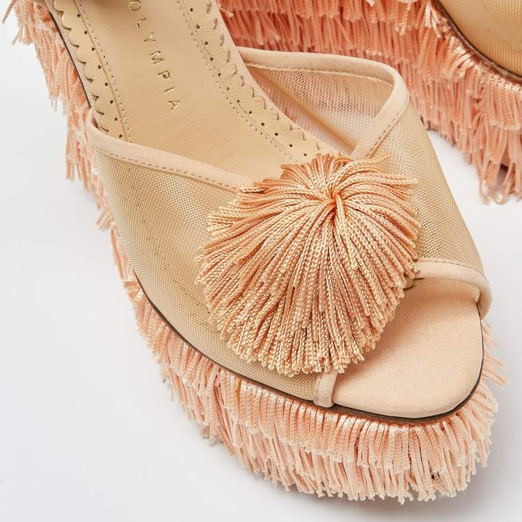 Pre Owned Charlotte Olympia Peach Pink Mesh and Satin Gigi Wedge Sandals Size 38.5