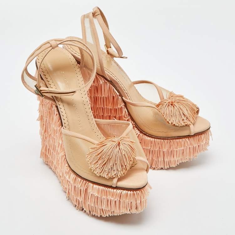 Pre Owned Charlotte Olympia Peach Pink Mesh and Satin Gigi Wedge Sandals Size 38.5