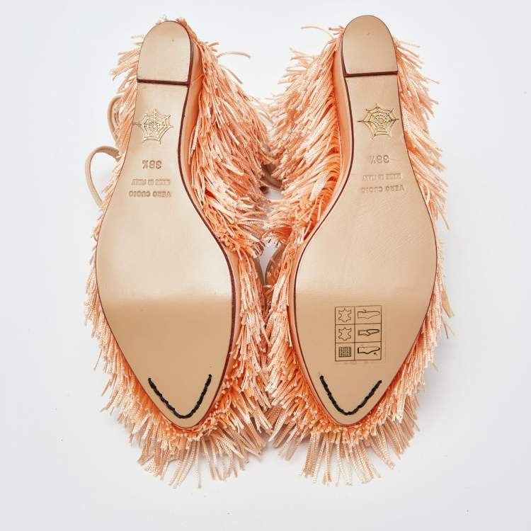 Pre Owned Charlotte Olympia Peach Pink Mesh and Satin Gigi Wedge Sandals Size 38.5