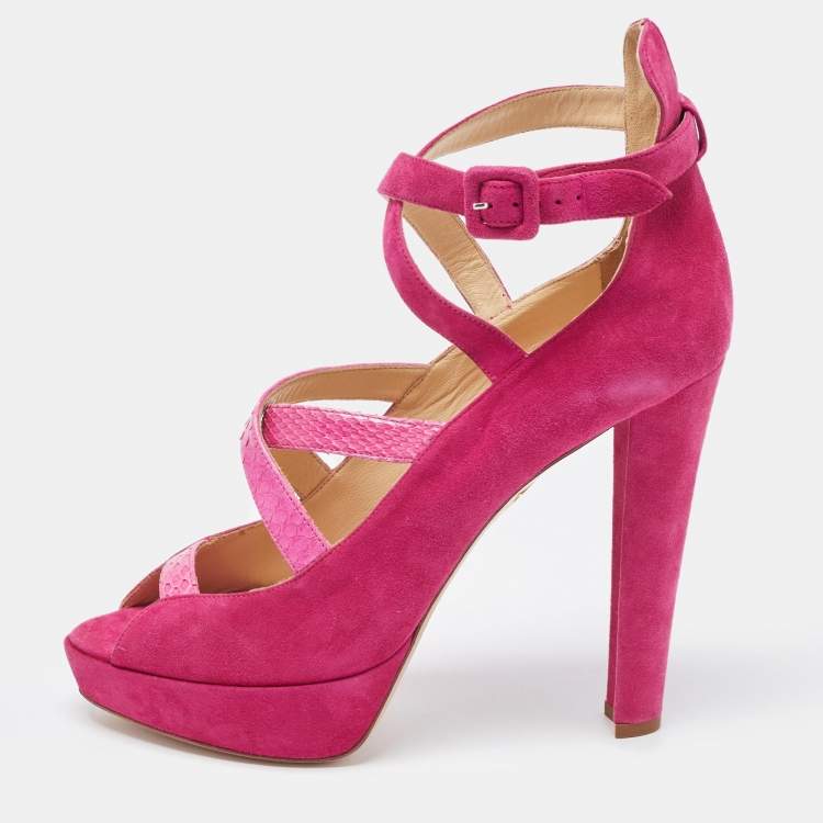 Charlotte Olympia Pink Suede and Python Platform Ankle Strap Pumps Size ...