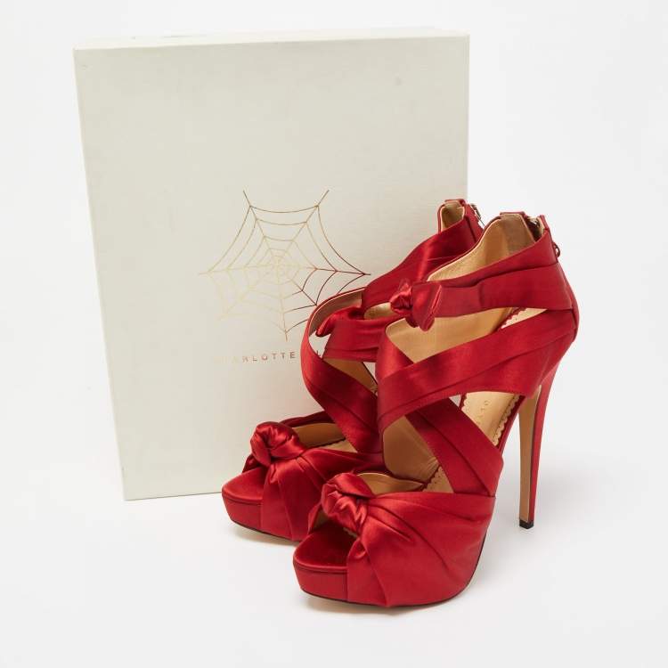 Pre Owned Charlotte Olympia Red Satin Andrea Knotted Sandals Size 41