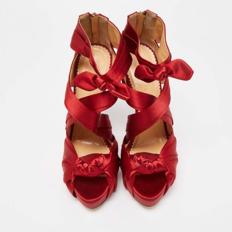 Pre Owned Charlotte Olympia Red Satin Andrea Knotted Sandals Size 41