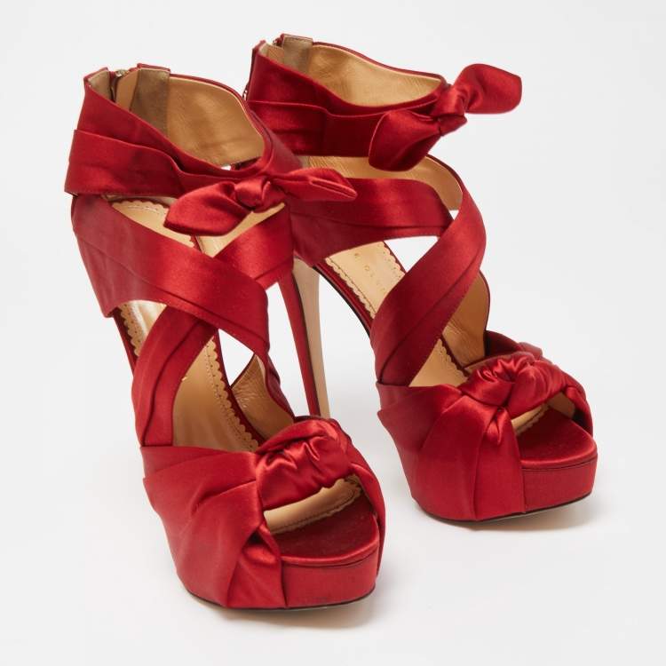 Pre Owned Charlotte Olympia Red Satin Andrea Knotted Sandals Size 41
