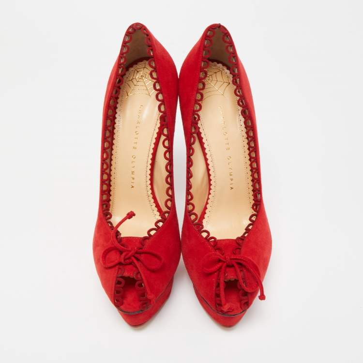 مملوكة مسبقًا Charlotte Olympia Red Suede Daphne Scalloped Trim Peep Toe Platform Pumps Size 40