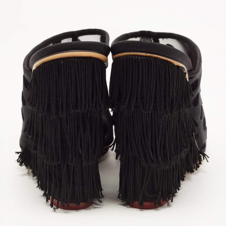 Pre Owned Charlotte Olympia Black Polka Dot Mesh Fringe Wedge Mules Size 39.5