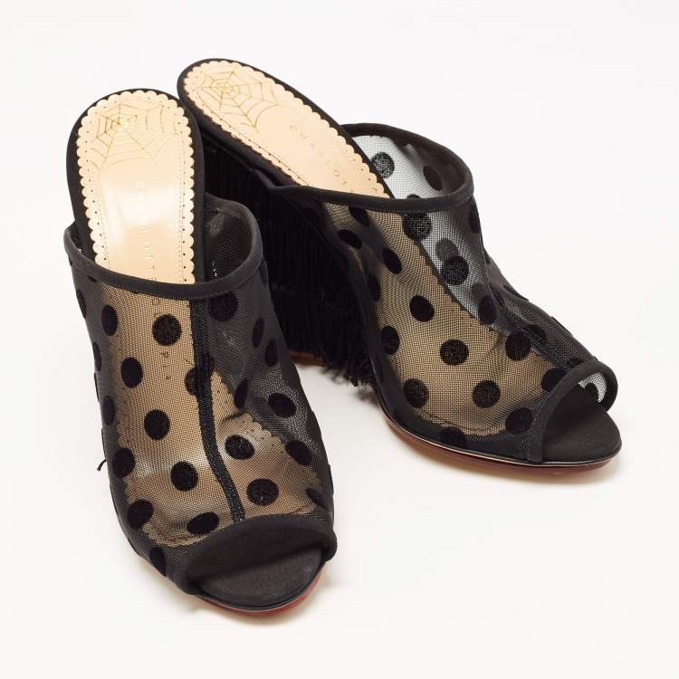 Pre Owned Charlotte Olympia Black Polka Dot Mesh Fringe Wedge Mules Size 39.5