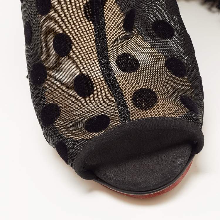 Pre Owned Charlotte Olympia Black Polka Dot Mesh Fringe Wedge Mules Size 39.5