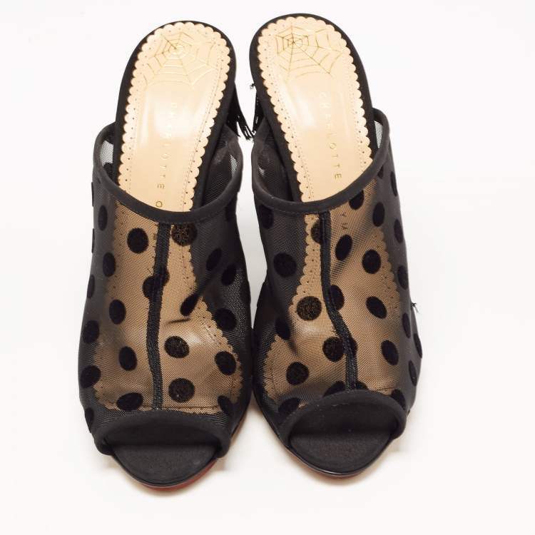 Pre Owned Charlotte Olympia Black Polka Dot Mesh Fringe Wedge Mules Size 39.5