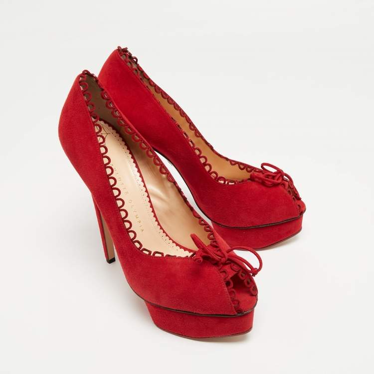 Pre Owned Charlotte Olympia Red Suede Daphne Scalloped Trim Peep Toe Platform Pumps Size 40.5