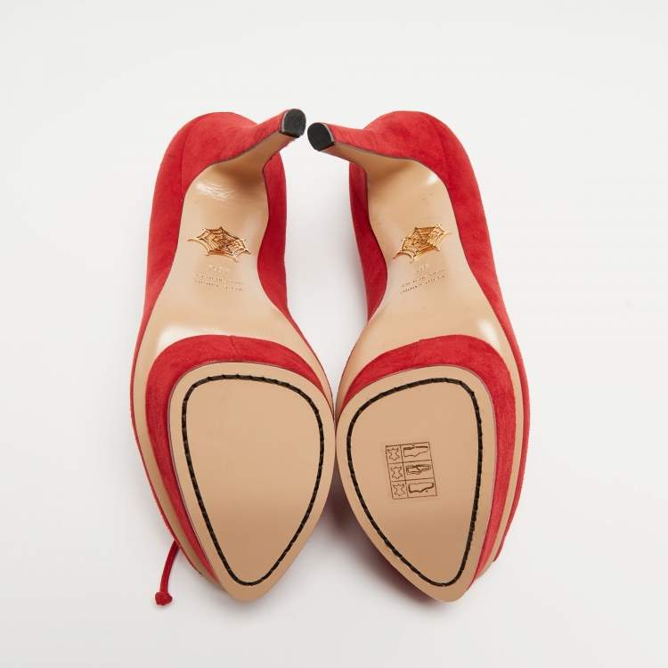 Pre Owned Charlotte Olympia Red Suede Daphne Scalloped Trim Peep Toe Platform Pumps Size 40.5
