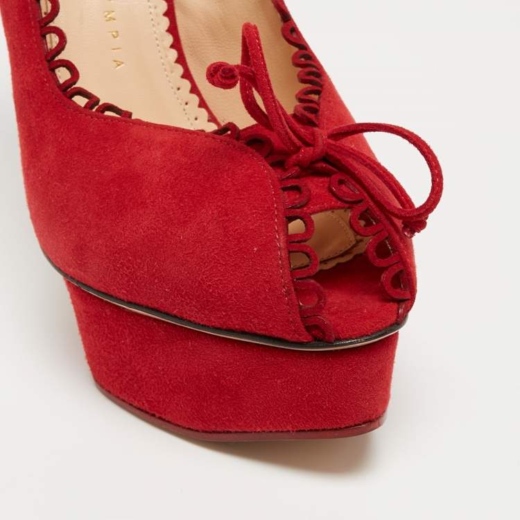Pre Owned Charlotte Olympia Red Suede Daphne Scalloped Trim Peep Toe Platform Pumps Size 40.5