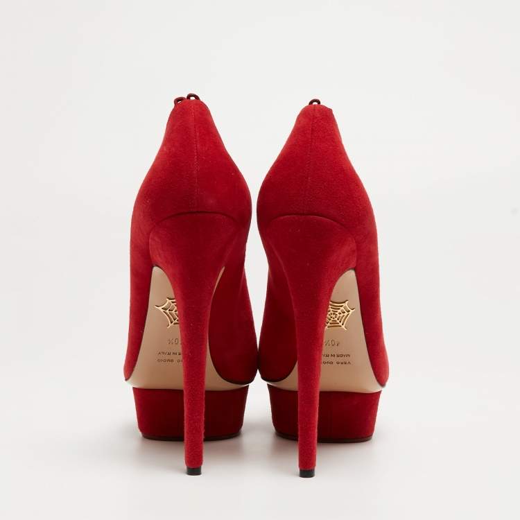 Pre Owned Charlotte Olympia Red Suede Daphne Scalloped Trim Peep Toe Platform Pumps Size 40.5