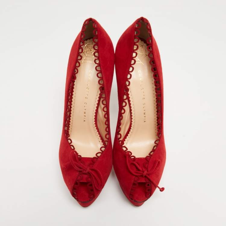 Pre Owned Charlotte Olympia Red Suede Daphne Scalloped Trim Peep Toe Platform Pumps Size 40.5