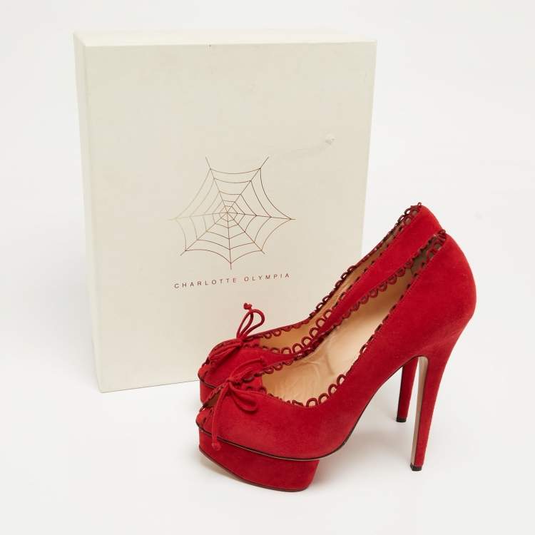 Pre Owned Charlotte Olympia Red Suede Daphne Scalloped Trim Peep Toe Platform Pumps Size 40.5