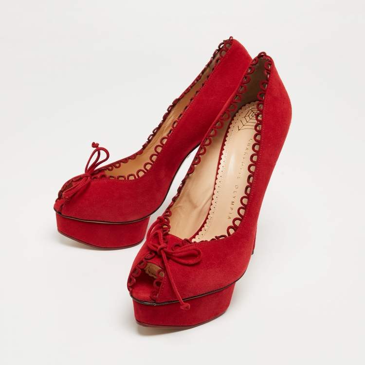 Pre Owned Charlotte Olympia Red Suede Daphne Scalloped Trim Peep Toe Platform Pumps Size 40.5
