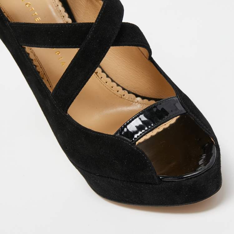 Pre Owned Charlotte Olympia Black Suede Gladys Strappy Platform Sandals Size 41