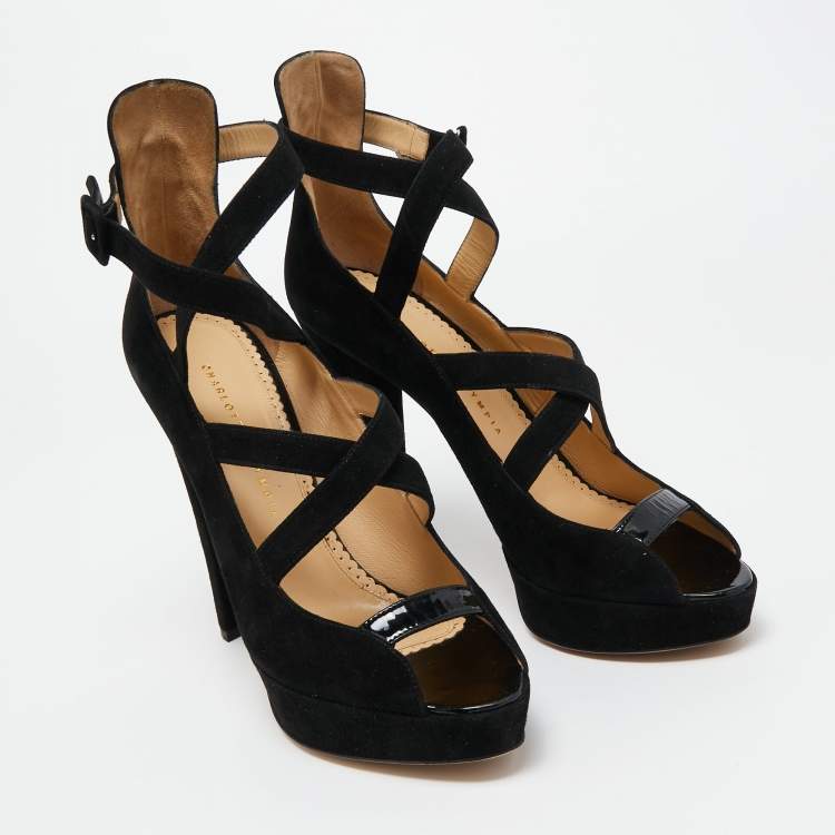 Pre Owned Charlotte Olympia Black Suede Gladys Strappy Platform Sandals Size 41