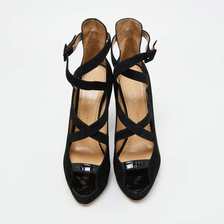 Pre Owned Charlotte Olympia Black Suede Gladys Strappy Platform Sandals Size 41