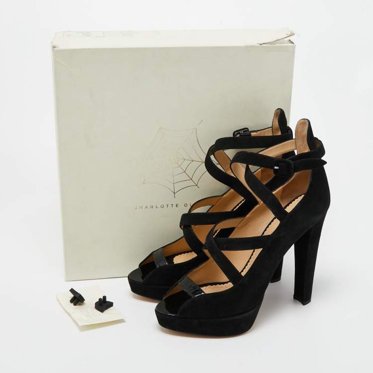 Pre Owned Charlotte Olympia Black Suede Gladys Strappy Platform Sandals Size 41
