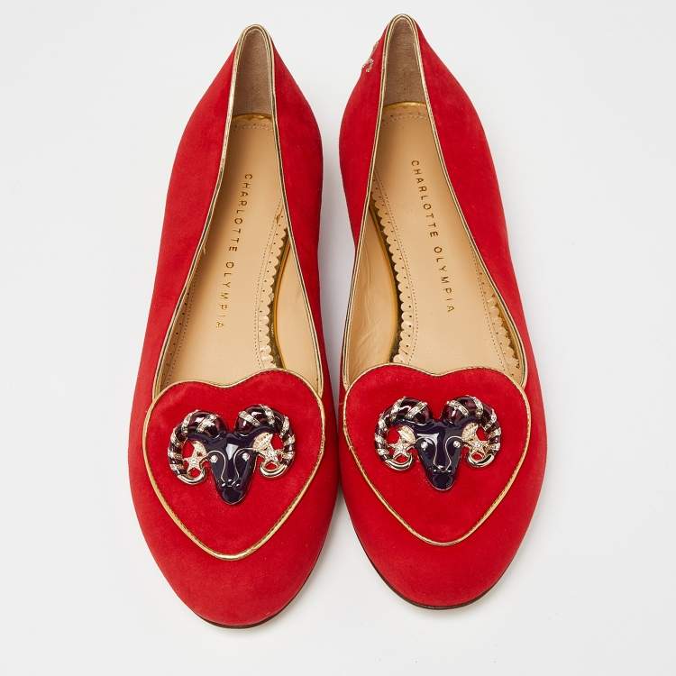 Pre Owned Charlotte Olympia Red Suede Aries Smoking Slippers Size 39