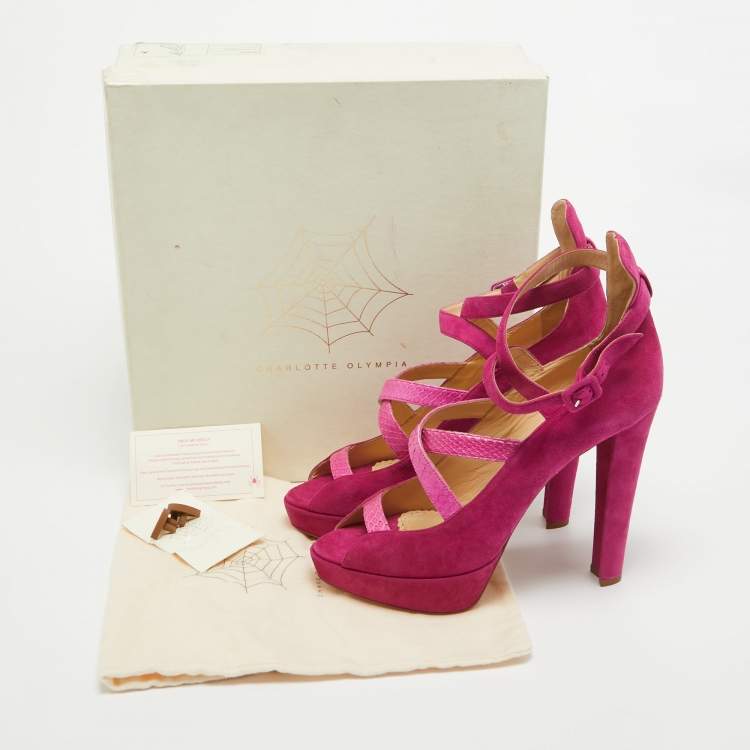 Pre Owned Charlotte Olympia Pink Snakeskin and Suede Ankle Strap Pumps Size 41