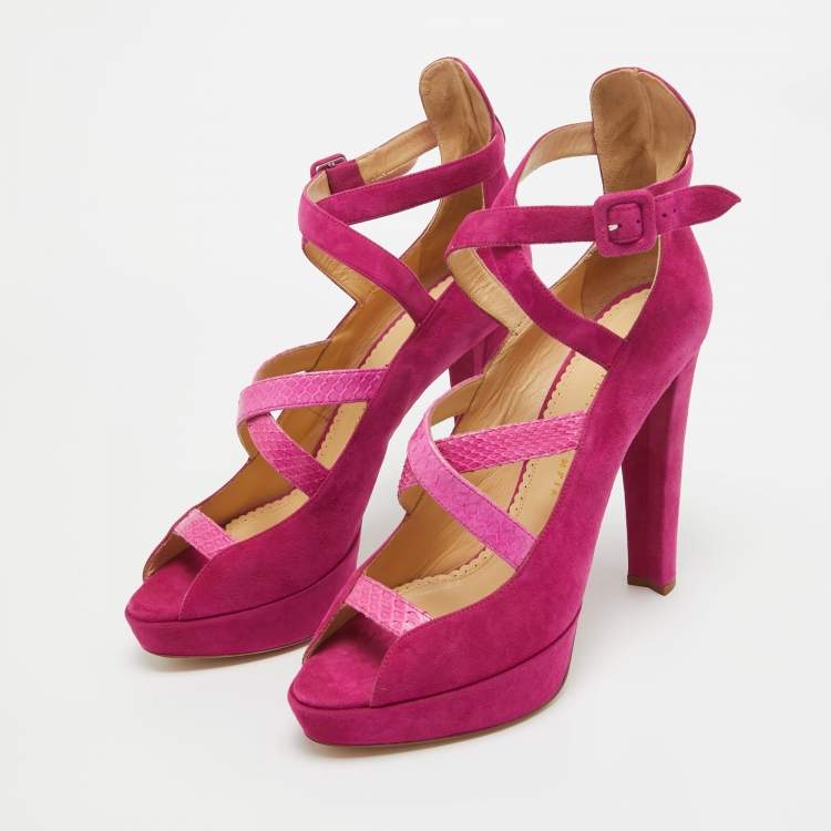 Pre Owned Charlotte Olympia Pink Snakeskin and Suede Ankle Strap Pumps Size 41