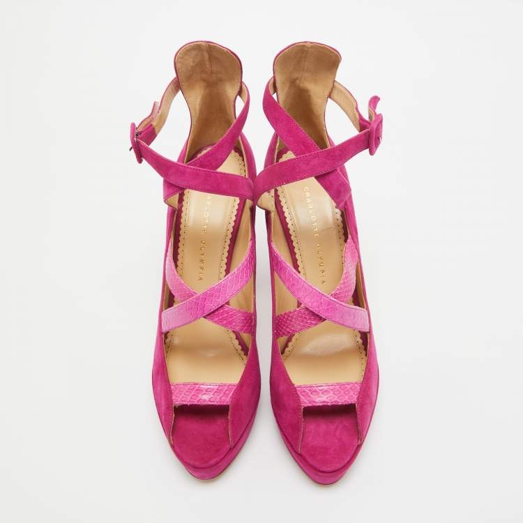 Pre Owned Charlotte Olympia Pink Snakeskin and Suede Ankle Strap Pumps Size 41
