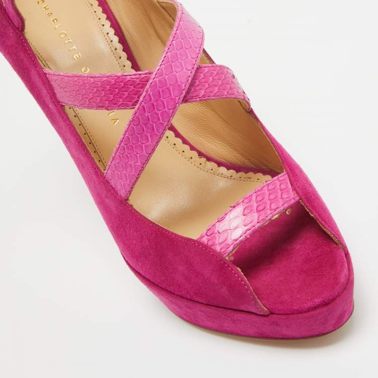 Pre Owned Charlotte Olympia Pink Snakeskin and Suede Ankle Strap Pumps Size 41