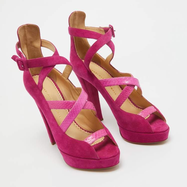 Pre Owned Charlotte Olympia Pink Snakeskin and Suede Ankle Strap Pumps Size 41