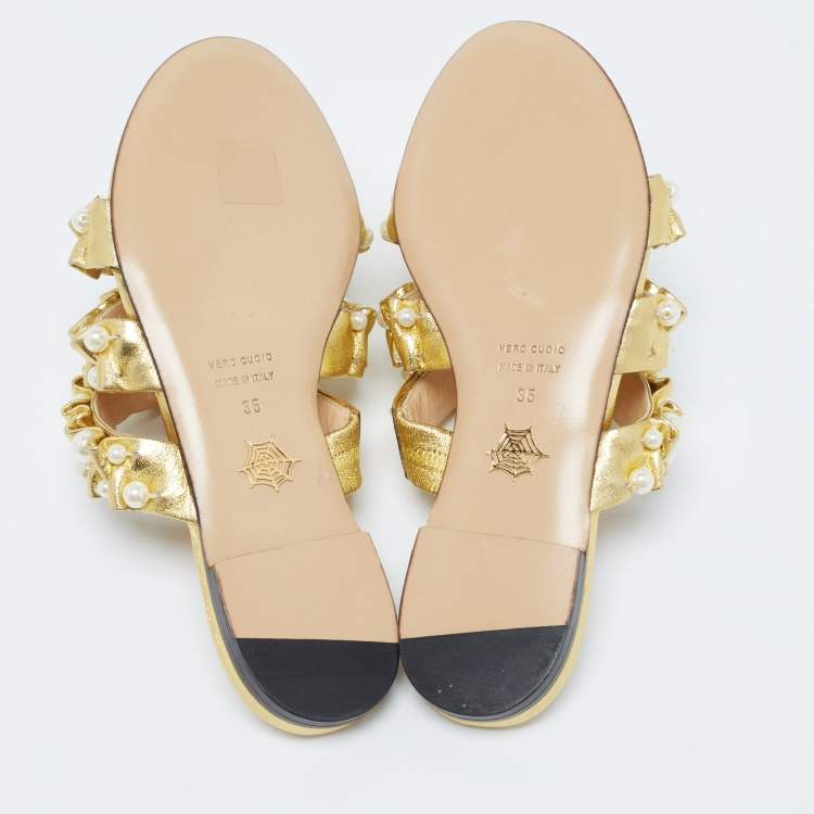 Pre Owned Charlotte Olympia Gold Pleated Leather Pearl Embellished Flats Size 35