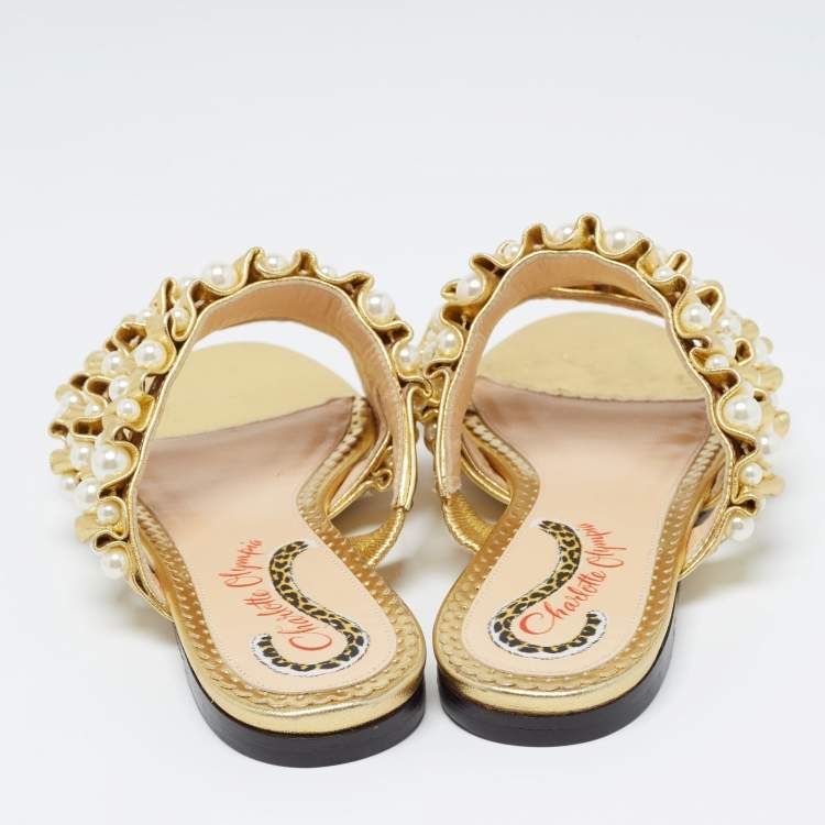 Pre Owned Charlotte Olympia Gold Pleated Leather Pearl Embellished Flats Size 35