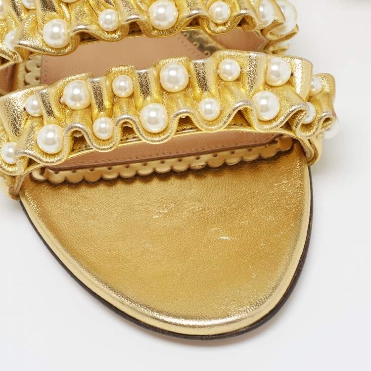Pre Owned Charlotte Olympia Gold Pleated Leather Pearl Embellished Flats Size 35