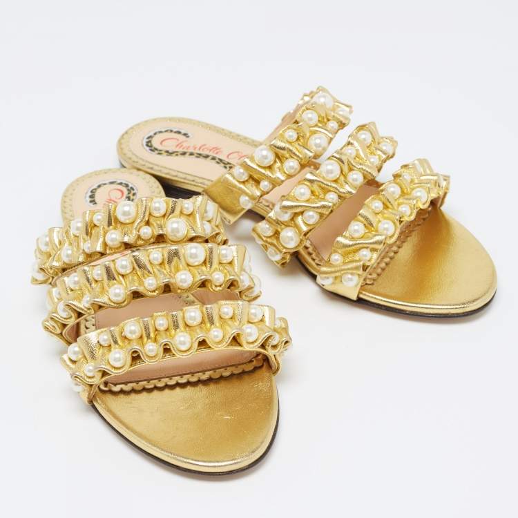 Pre Owned Charlotte Olympia Gold Pleated Leather Pearl Embellished Flats Size 35