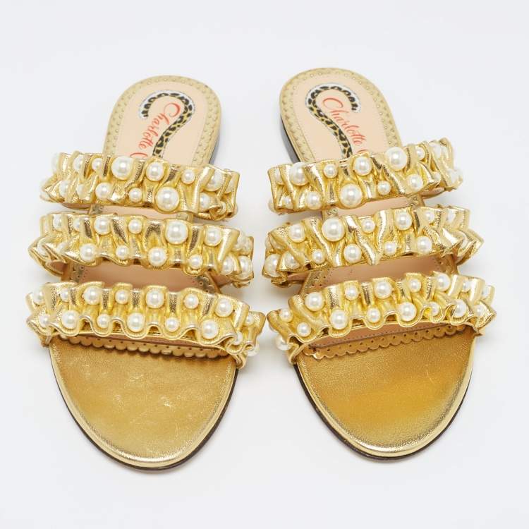Pre Owned Charlotte Olympia Gold Pleated Leather Pearl Embellished Flats Size 35