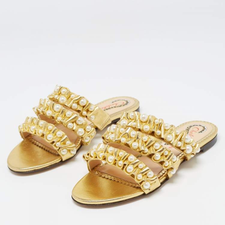 Pre Owned Charlotte Olympia Gold Pleated Leather Pearl Embellished Flats Size 35