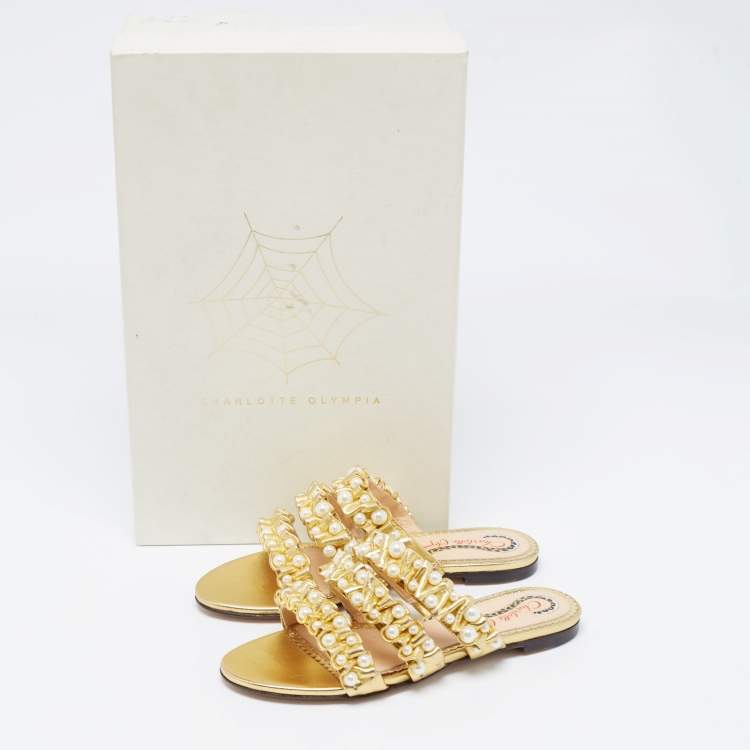 Pre Owned Charlotte Olympia Gold Pleated Leather Pearl Embellished Flats Size 35