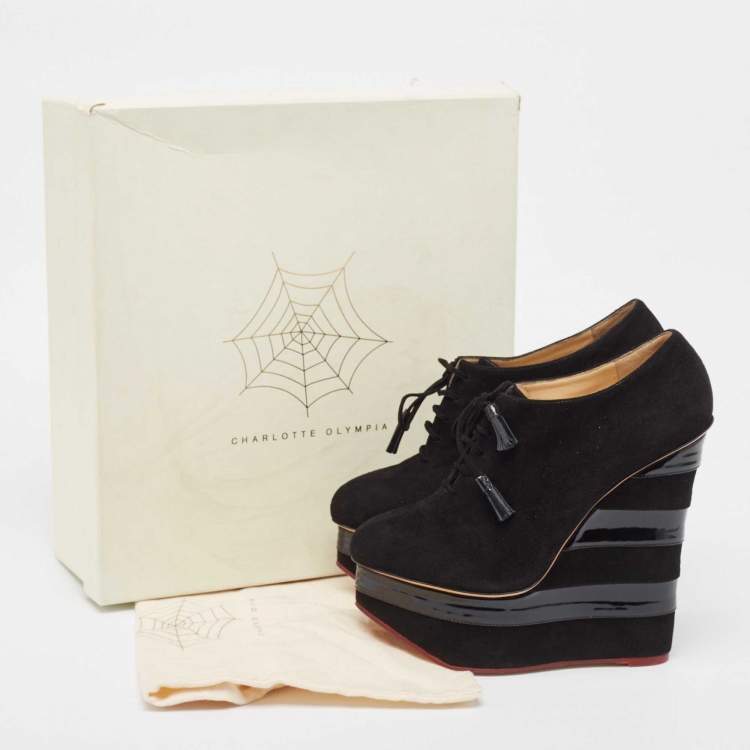 Pre Owned Charlotte Olympia Black Suede and Patent Leather Martha Wedge Booties Size 39.5