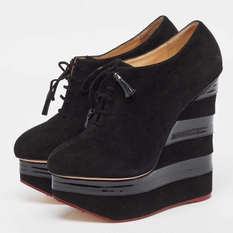 Pre Owned Charlotte Olympia Black Suede and Patent Leather Martha Wedge Booties Size 39.5
