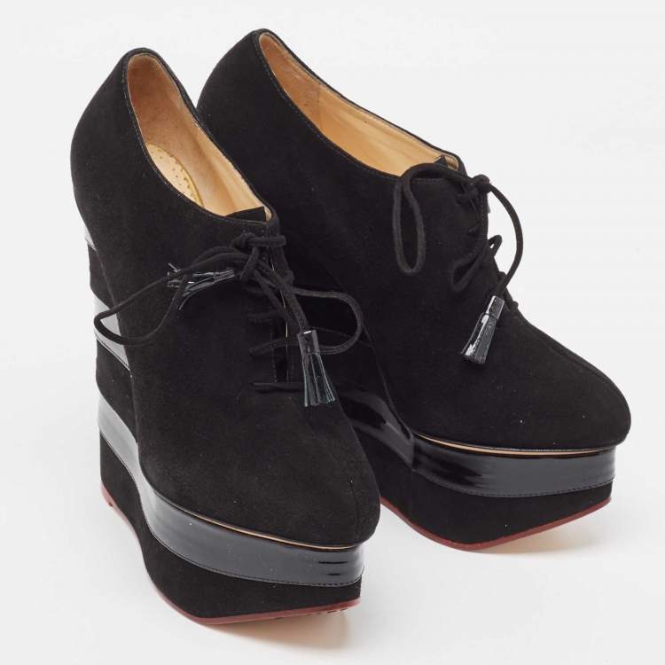 Pre Owned Charlotte Olympia Black Suede and Patent Leather Martha Wedge Booties Size 39.5