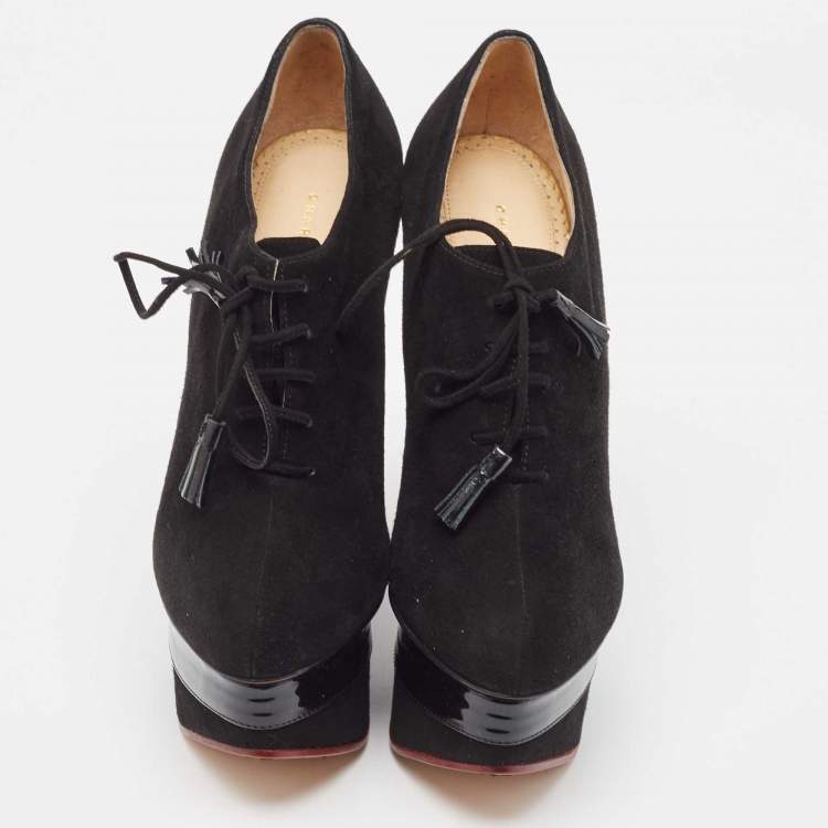Pre Owned Charlotte Olympia Black Suede and Patent Leather Martha Wedge Booties Size 39.5