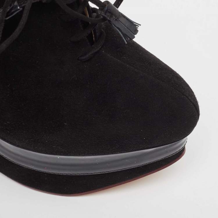 Pre Owned Charlotte Olympia Black Suede and Patent Leather Martha Wedge Booties Size 39.5