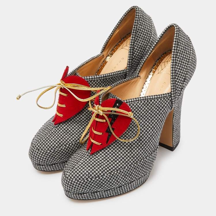 Pre Owned Charlotte Olympia Grey/Red Canvas and Suede Ankle Booties Size 38.5