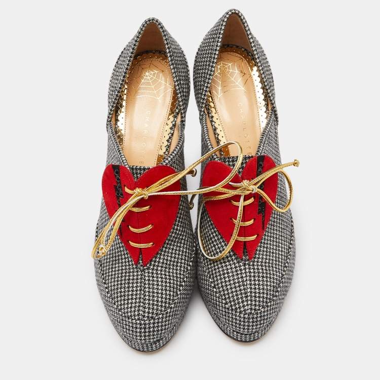 Pre Owned Charlotte Olympia Grey/Red Canvas and Suede Ankle Booties Size 38.5