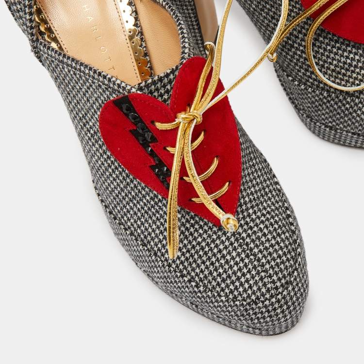 Pre Owned Charlotte Olympia Grey/Red Canvas and Suede Ankle Booties Size 38.5