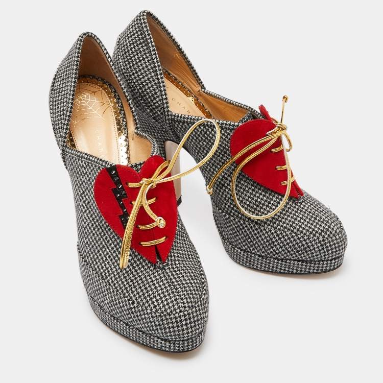 Pre Owned Charlotte Olympia Grey/Red Canvas and Suede Ankle Booties Size 38.5