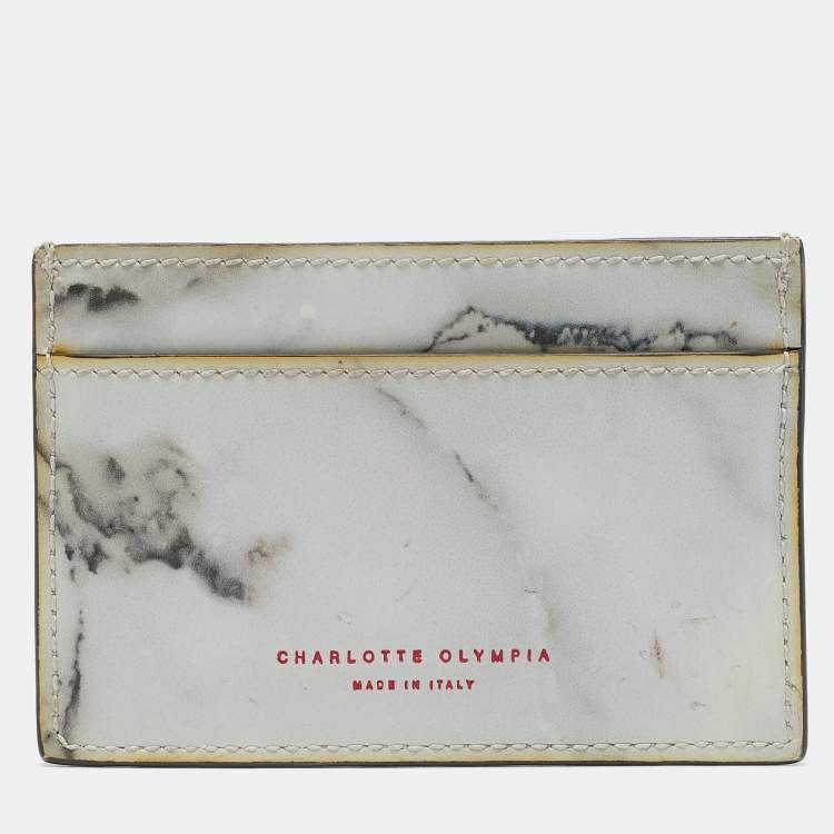 Pre Owned Charlotte Olympia Grey Marble Print Leather Kitty Card Holder