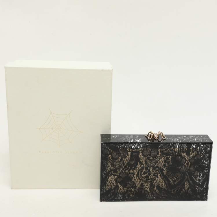 Pre Owned Charlotte Olympia Black Halloween Lace And Perspex Spider Box Clutch